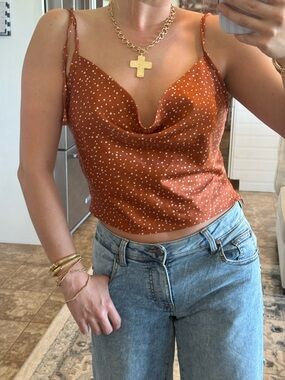 SHEIN Rust Dot Cowl Neck Satin Tank Top